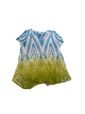 Time And Tru Womens Tie-Dye Tunic Top M V-Neck Short Sleeves Lace Hem Rhinestone